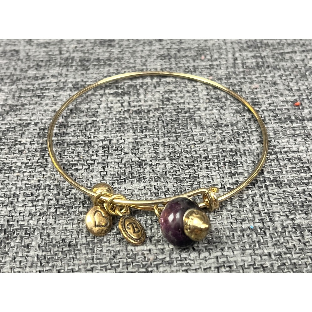 Brighton Gold Tone Adjustable Bangle Purple Bead Heart B Logo Charm Bracelet VTG - Picture 2 of 5